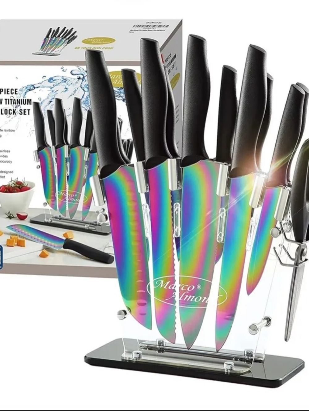 This is a 14-piece Rainbow Titanium Kitchen Knife Set by Marco Almond.